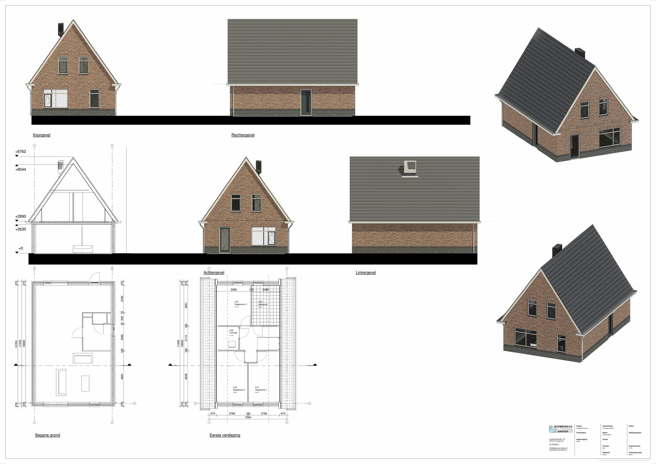 MB-01 voorlopig ontwerpblad met gevels, doorsnede en plattegronden